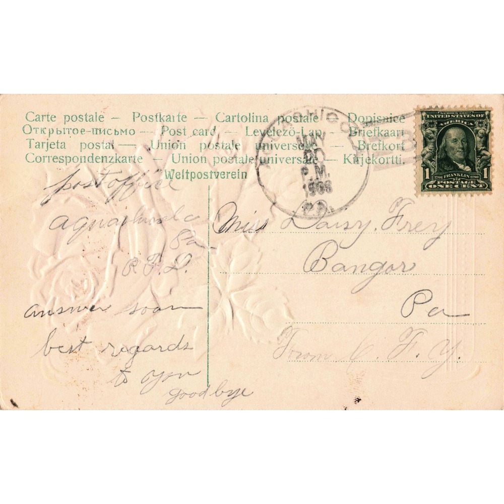 Antique Postcard 1908 Red Roses Floral Art Nouveau Embossed Bangor PA Posted - Picture 2 of 2